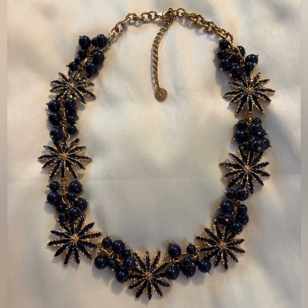 Talbots Elegant Gold & Navy Blue Floral Starburst and Beaded Statement Necklace